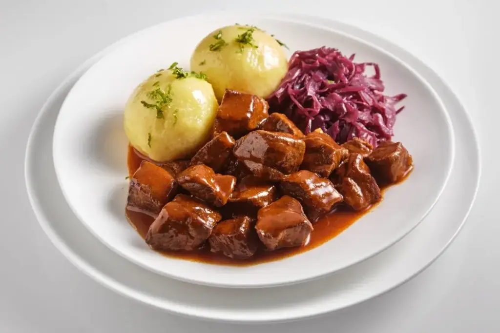 Гуляш с тёмной подливкой, картофельными клёцками и красной капустой на белой тарелке