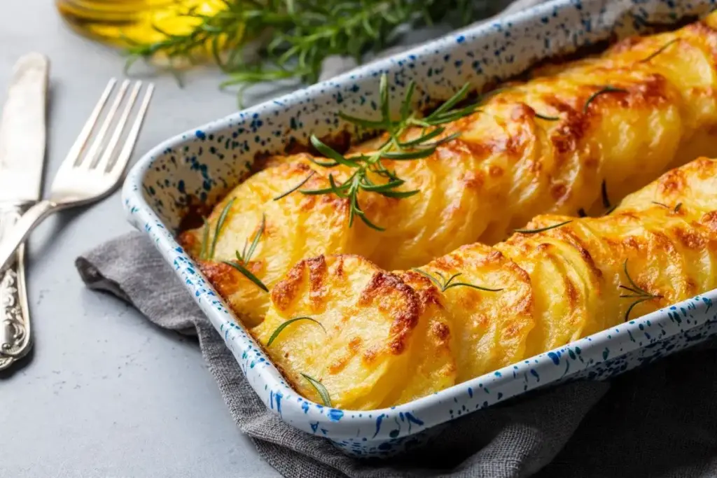 Картофельный гратен с золотистой сырной корочкой в прямоугольной форме
